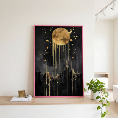 Abstract Gold Moon at Night Canvas Print in pink floating frame