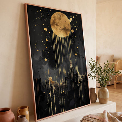Abstract Gold Moon at Night Canvas Print in rose gold floating frame