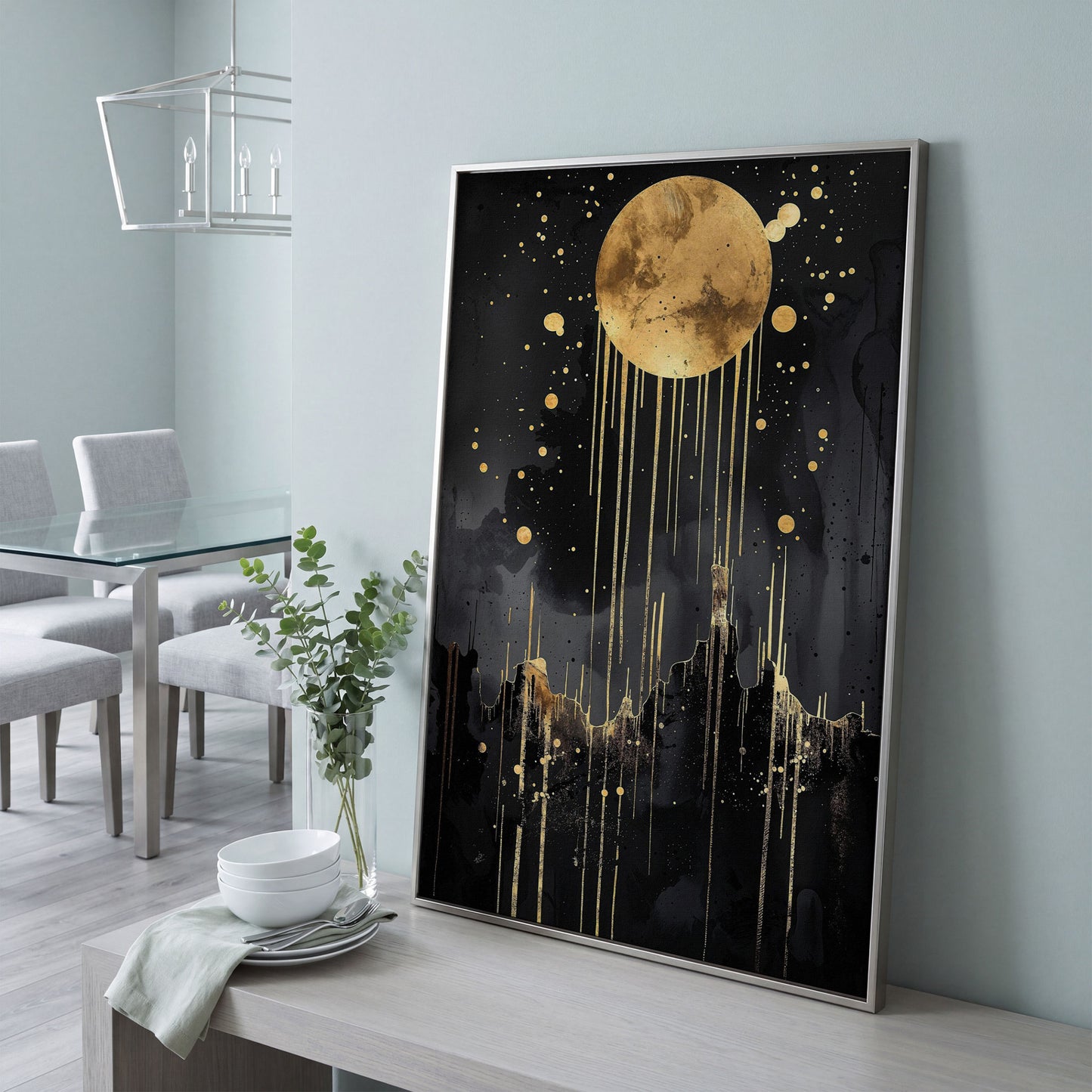 Abstract Gold Moon at Night Canvas Print in silver floating frame