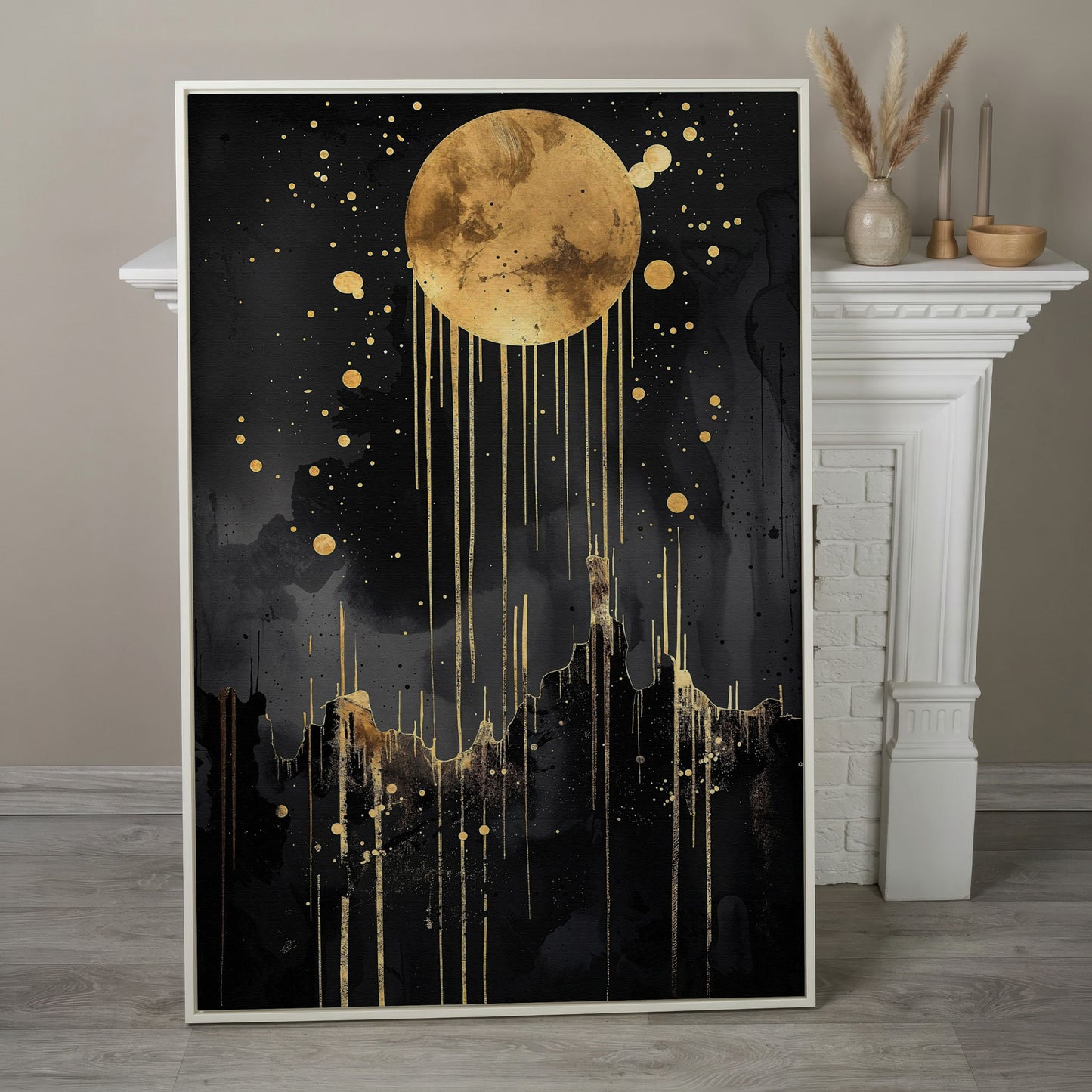 Abstract Gold Moon at Night Canvas Print in white floating frame