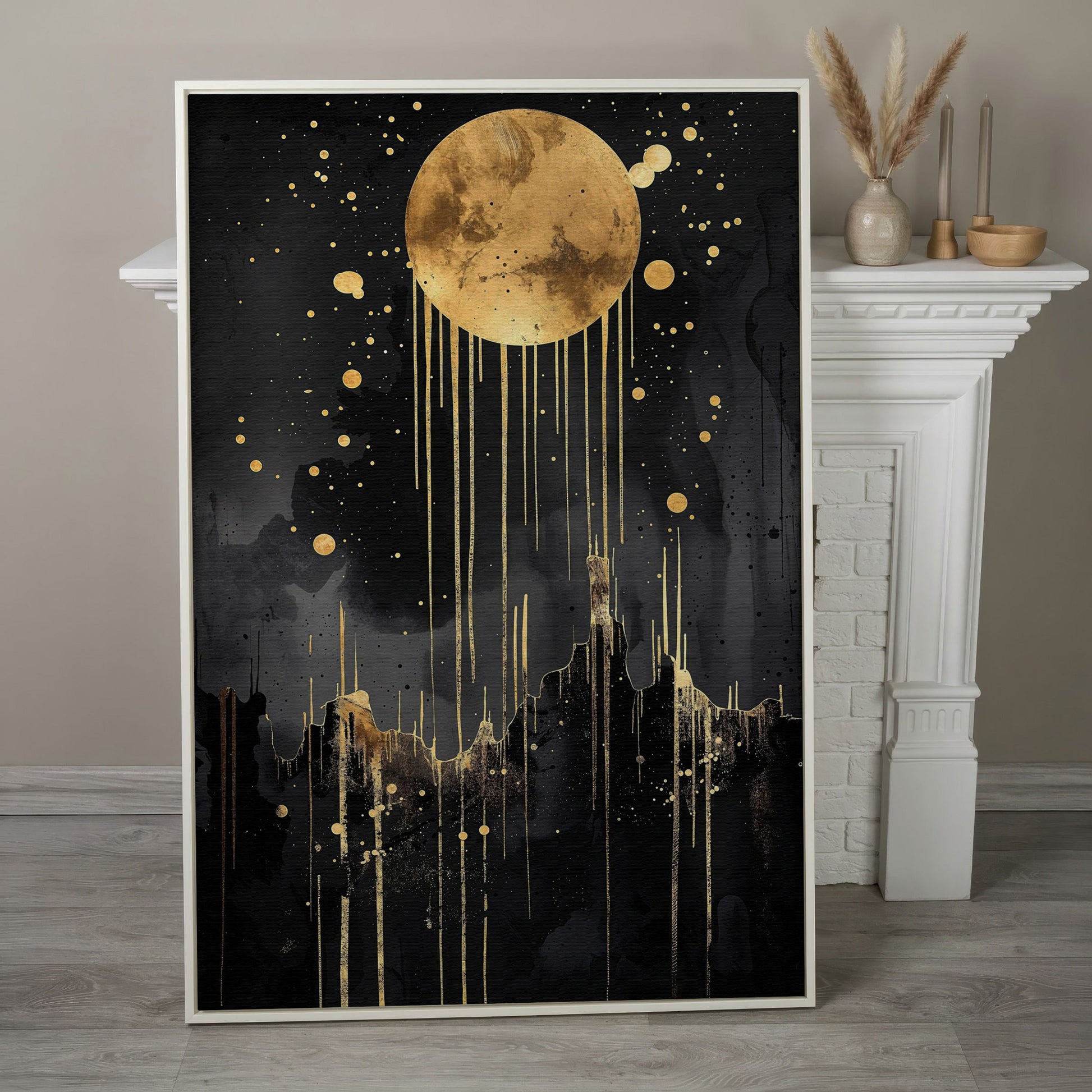 Abstract Gold Moon at Night Canvas Print in white floating frame