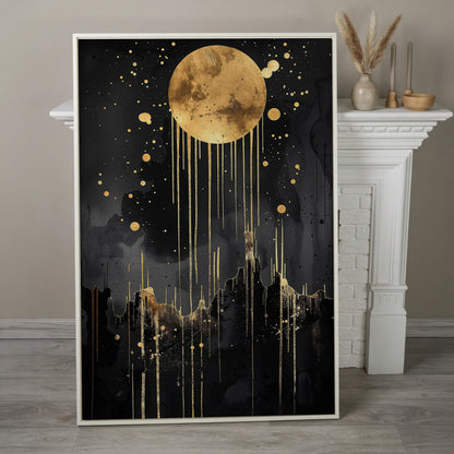 Abstract Gold Moon at Night Canvas Print in white floating frame