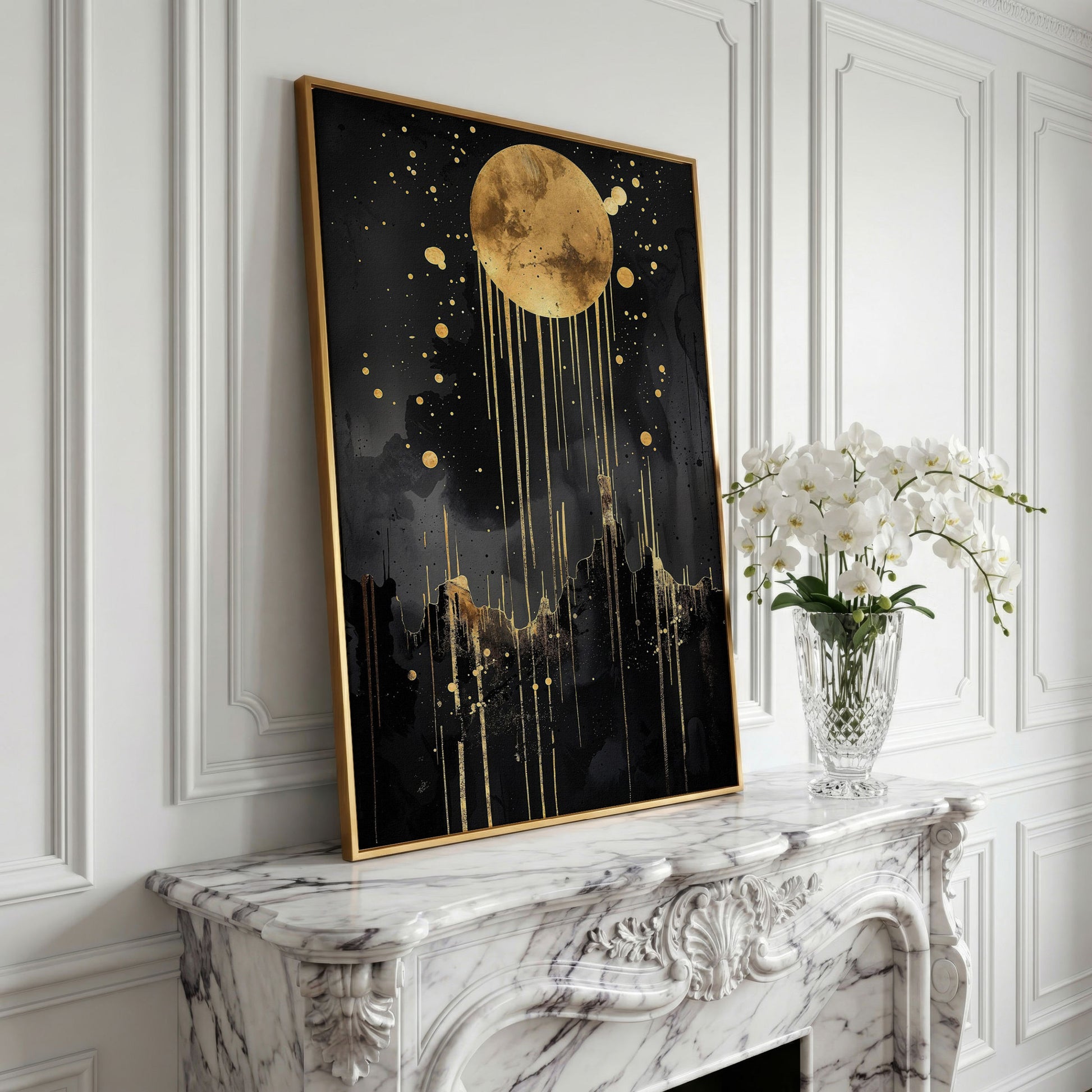Abstract Gold Moon at Night Canvas Print in yellow gold floating frame