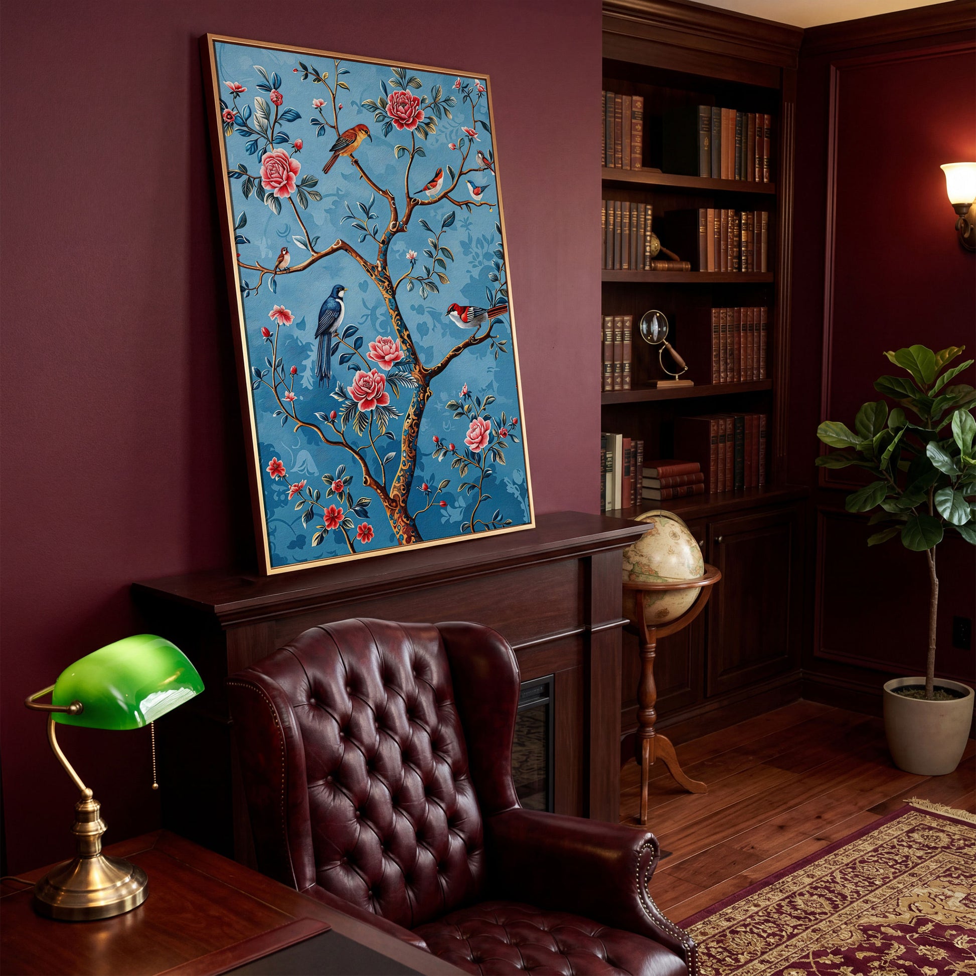 Birds on a Flowering Tree Canvas Art, Portrait Wall Print in antique gold floating frame