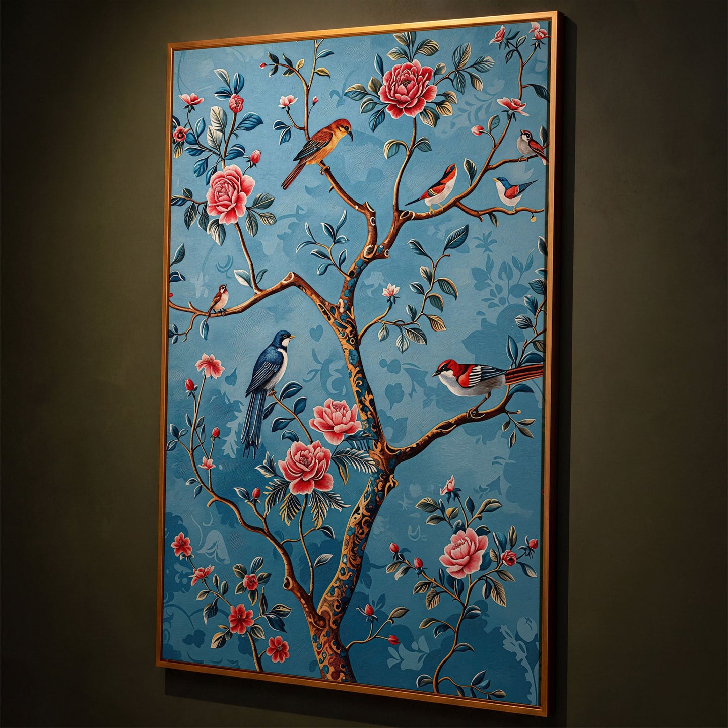 Birds on a Flowering Tree Canvas Art, Portrait Wall Print shown in antique gold floating frame