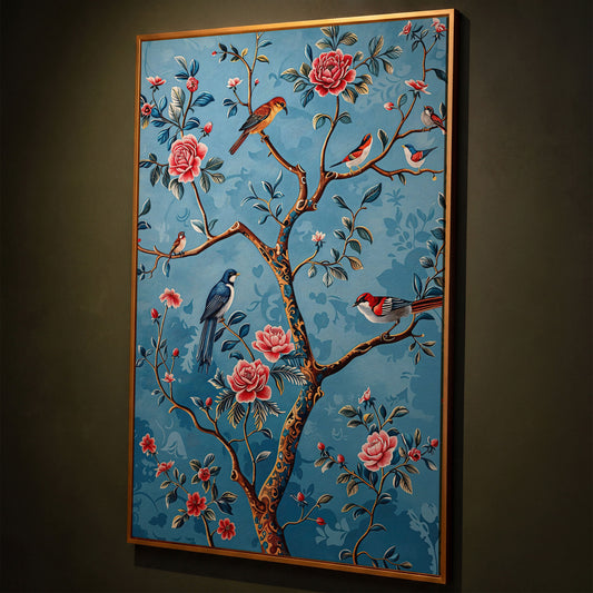 Birds on a Flowering Tree Canvas Art, Portrait Wall Print shown in antique gold floating frame