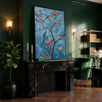 Birds on a Flowering Tree Canvas Art, Portrait Wall Print in black floating frame