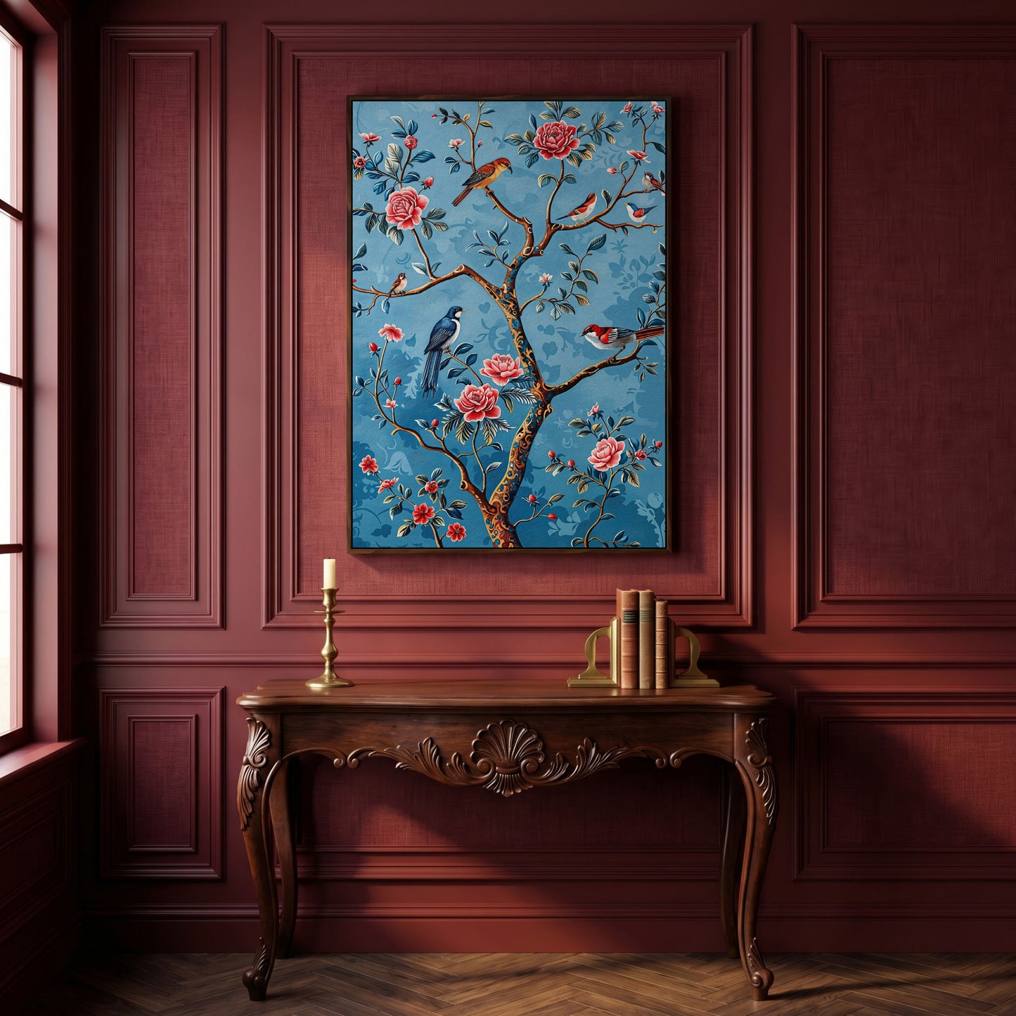 Birds on a Flowering Tree Canvas Art, Portrait Wall Print in dark walnut floating frame