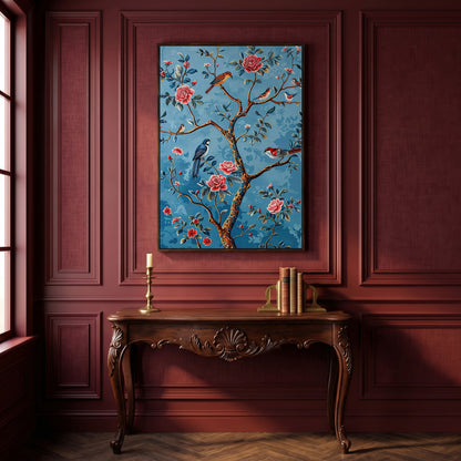 Birds on a Flowering Tree Canvas Art, Portrait Wall Print in dark walnut floating frame