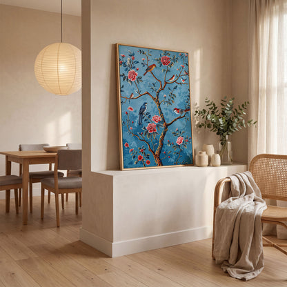 Birds on a Flowering Tree Canvas Art, Portrait Wall Print in white oak floating frame