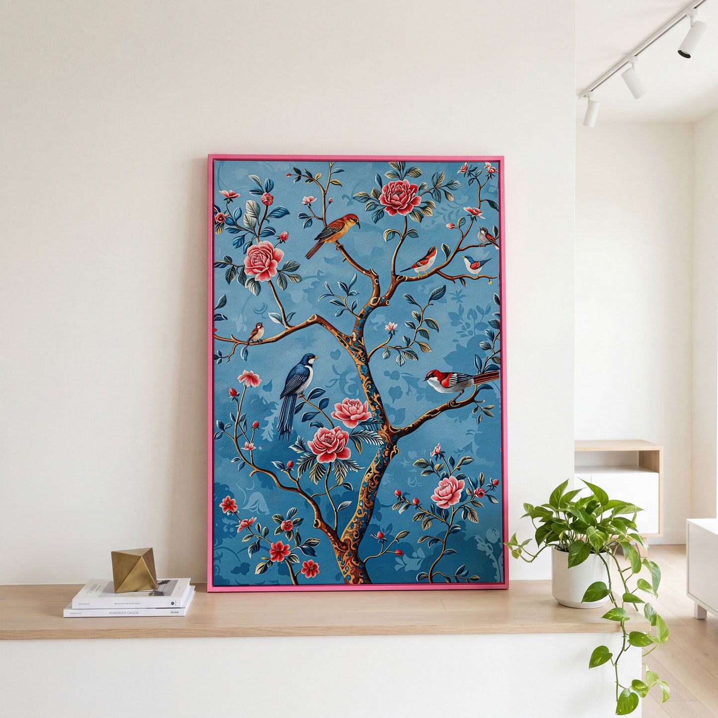 Birds on a Flowering Tree Canvas Art, Portrait Wall Print in pink floating frame