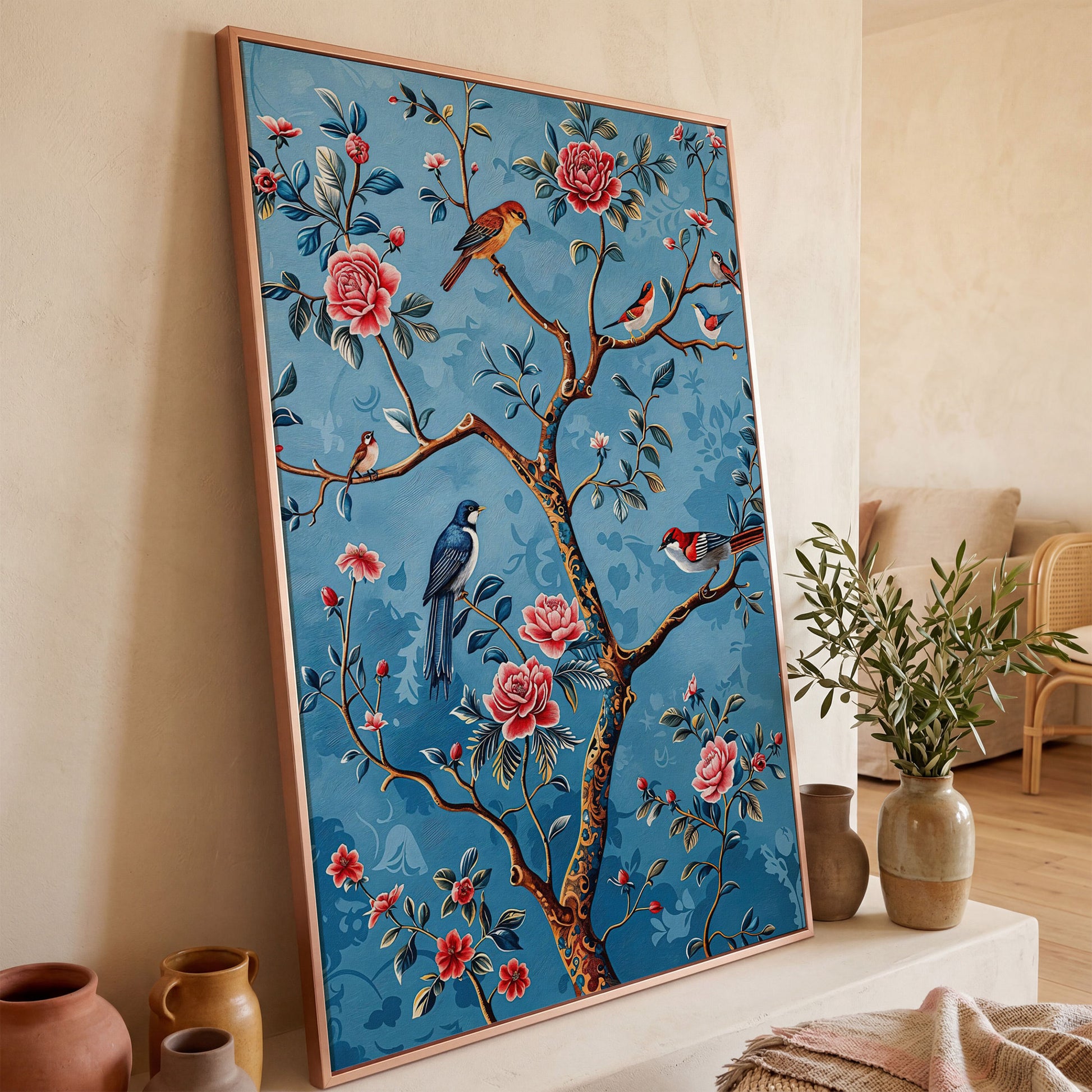 Birds on a Flowering Tree Canvas Art, Portrait Wall Print in rose gold floating frame
