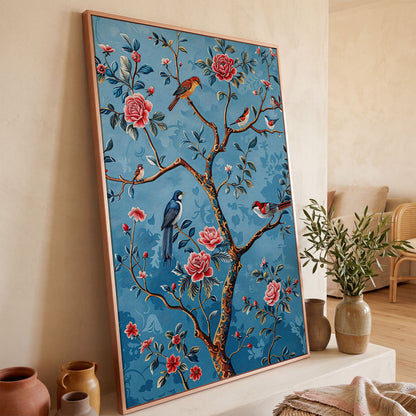 Birds on a Flowering Tree Canvas Art, Portrait Wall Print in rose gold floating frame