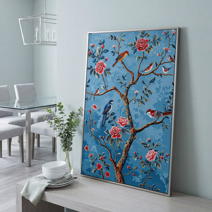 Birds on a Flowering Tree Canvas Art, Portrait Wall Print in silver floating frame