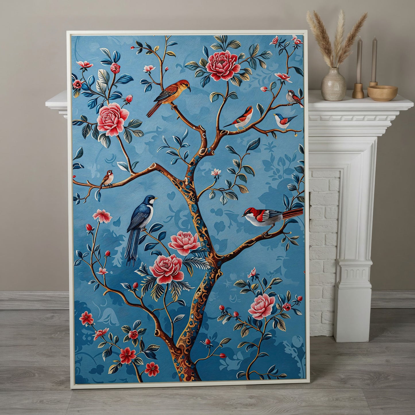 Birds on a Flowering Tree Canvas Art, Portrait Wall Print in white floating frame