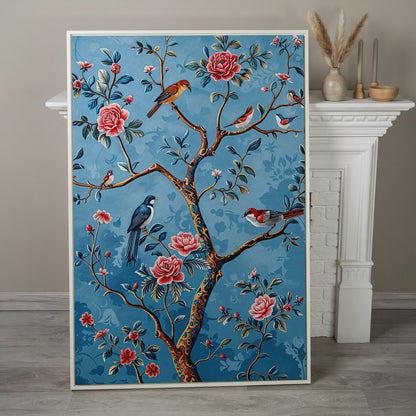 Birds on a Flowering Tree Canvas Art, Portrait Wall Print in white floating frame