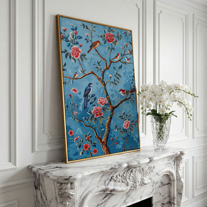 Birds on a Flowering Tree Canvas Art, Portrait Wall Print in yellow gold floating frame