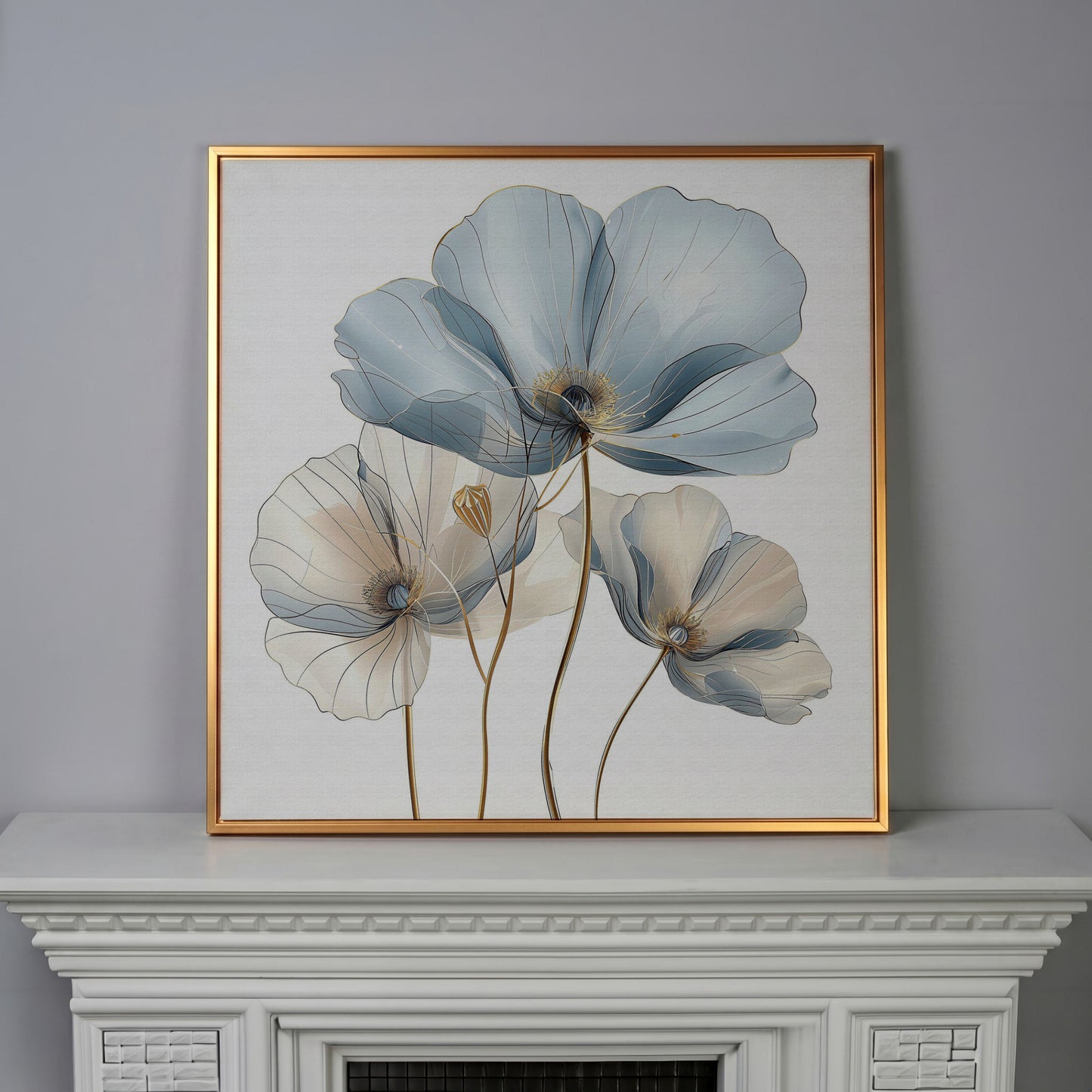 Translucent Floral Canvas Art in Blue and Beige, Square in antique gold floating frame
