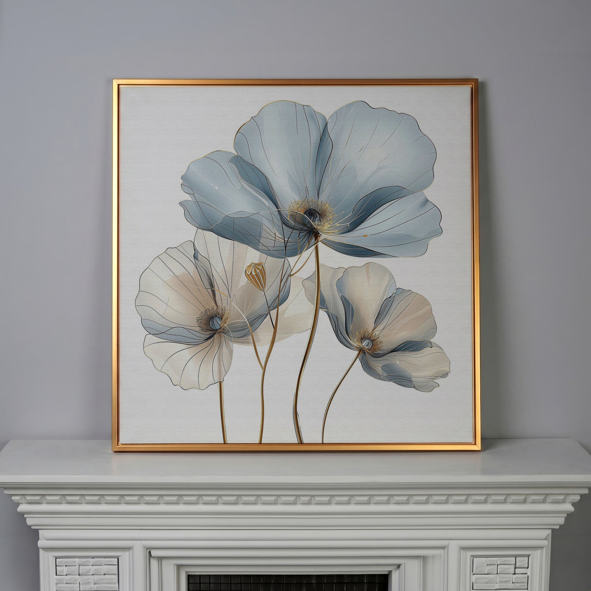 Translucent Floral Canvas Art in Blue and Beige, Square in antique gold floating frame
