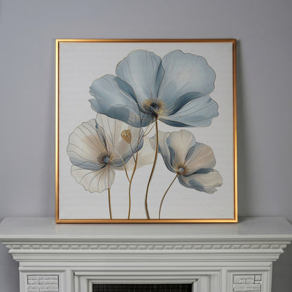 Translucent Floral Canvas Art in Blue and Beige, Square in antique gold floating frame