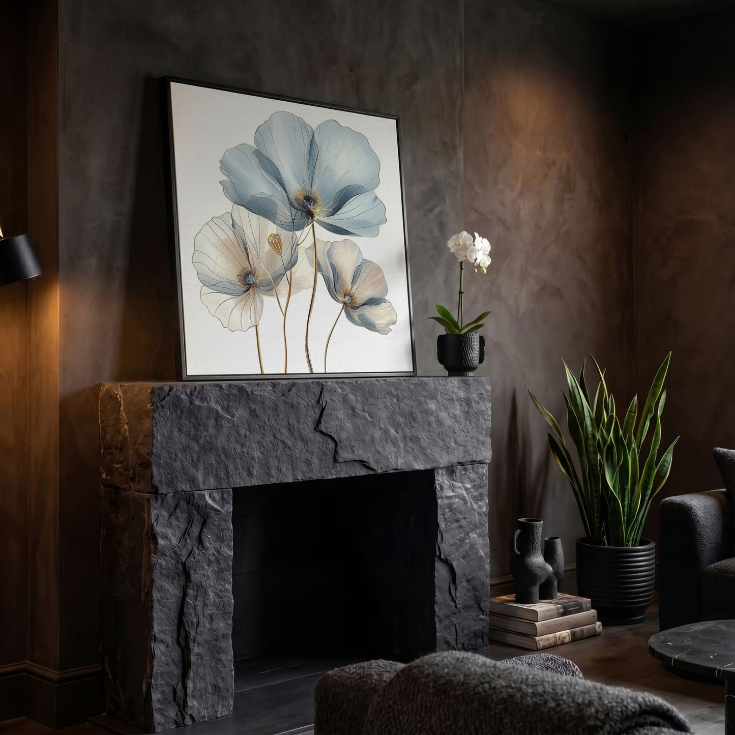 Translucent Floral Canvas Art in Blue and Beige, Square in black floating frame