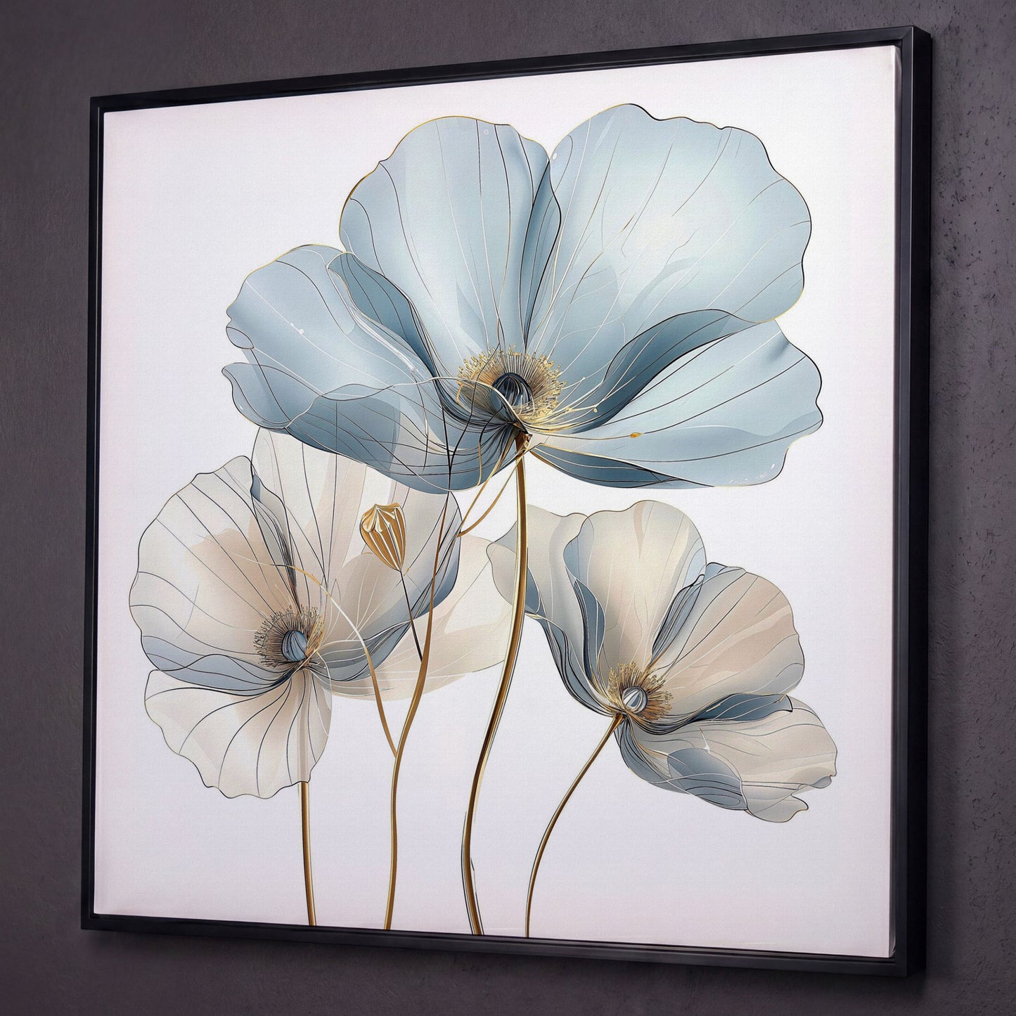 Translucent Floral Canvas Art in Blue and Beige, Square shown in black floating frame