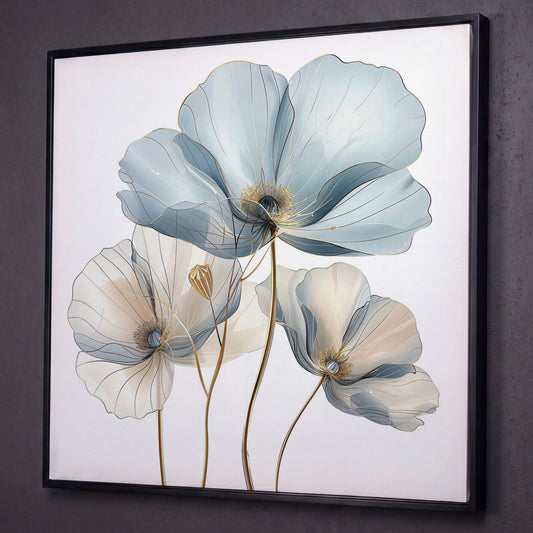 Translucent Floral Canvas Art in Blue and Beige, Square shown in black floating frame
