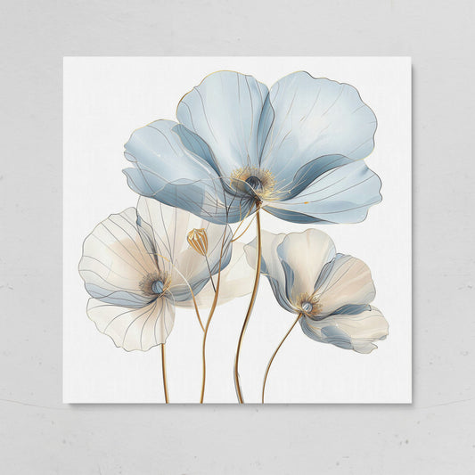 Translucent Floral Canvas Art in Blue and Beige, Square on gallery wrap