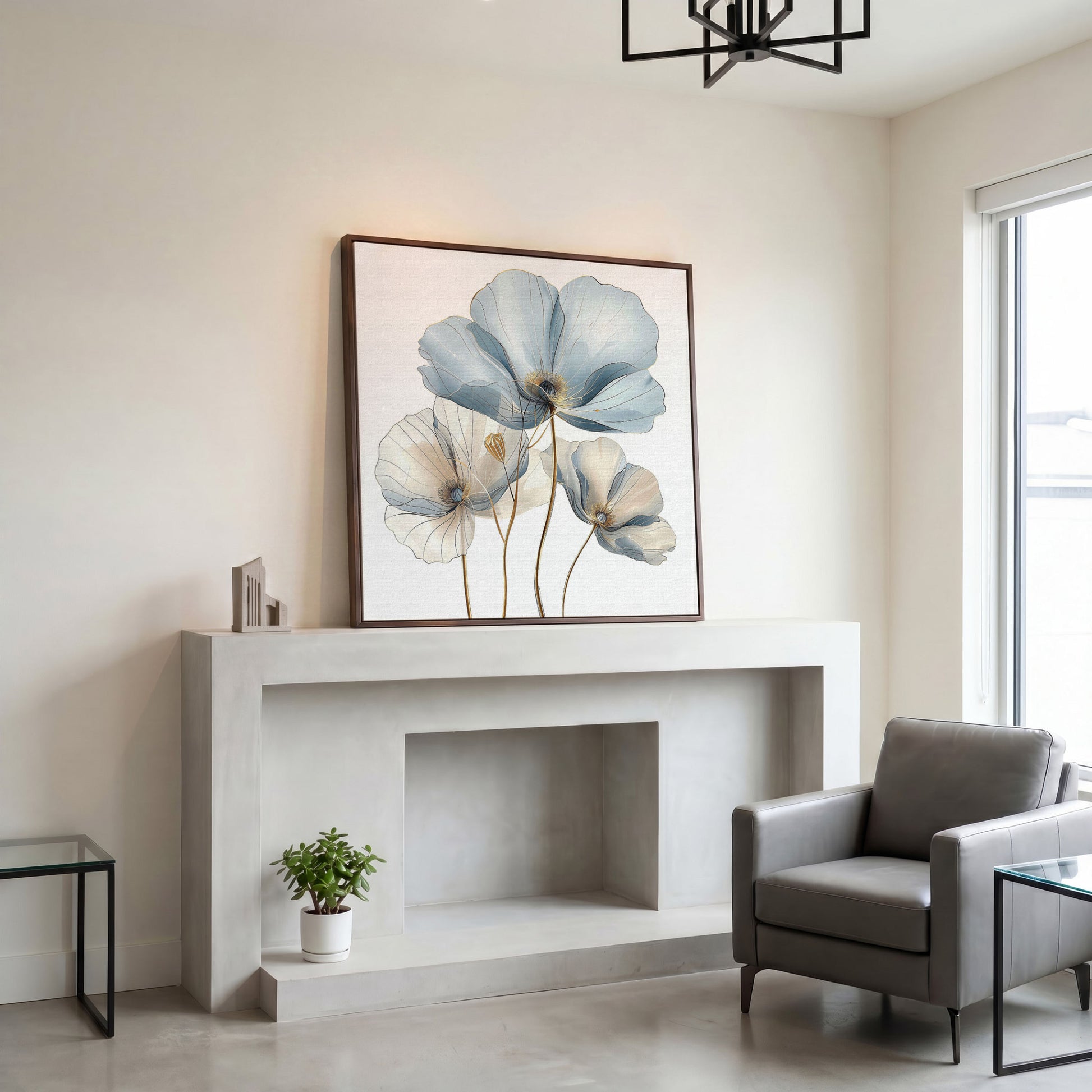 Translucent Floral Canvas Art in Blue and Beige, Square in dark walnut floating frame