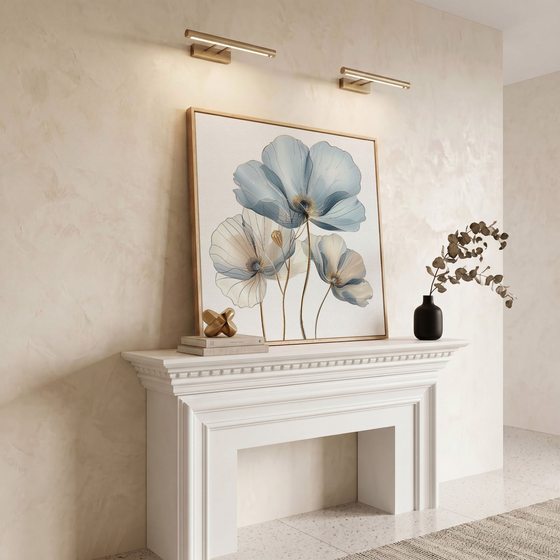 Translucent Floral Canvas Art in Blue and Beige, Square in white oak floating frame