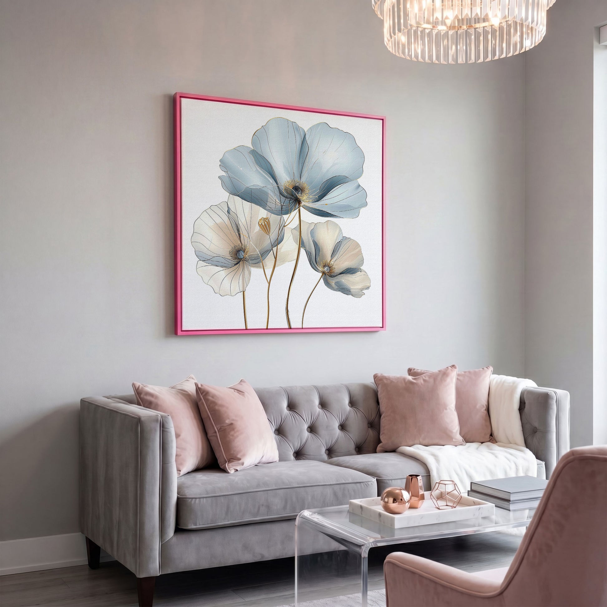 Translucent Floral Canvas Art in Blue and Beige, Square in pink floating frame