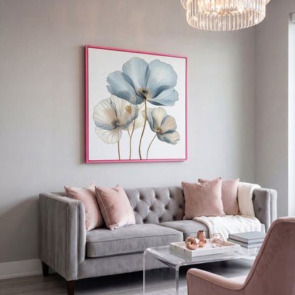 Translucent Floral Canvas Art in Blue and Beige, Square in pink floating frame