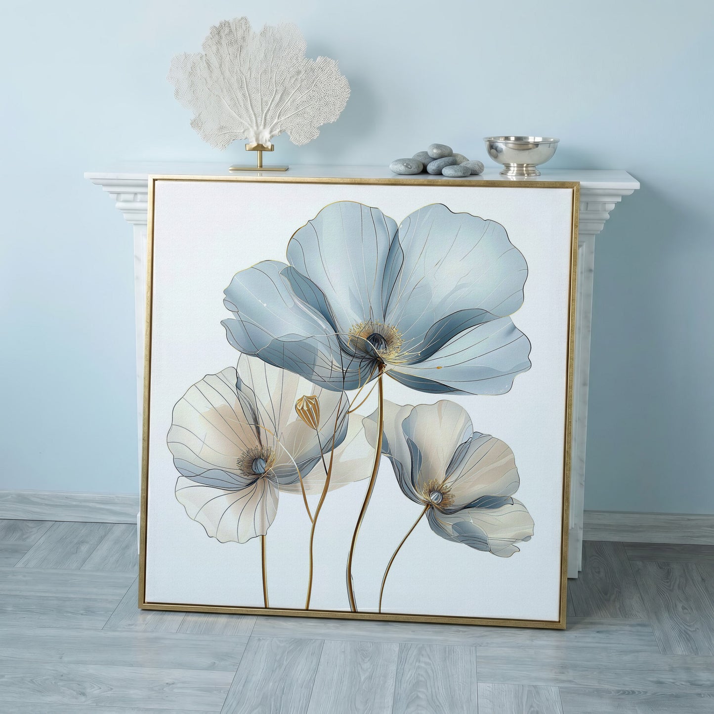 Translucent Floral Canvas Art in Blue and Beige, Square in rose gold floating frame