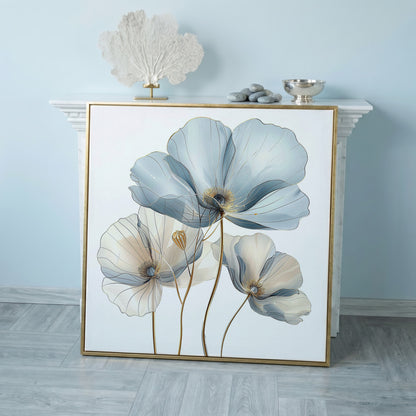 Translucent Floral Canvas Art in Blue and Beige, Square in rose gold floating frame