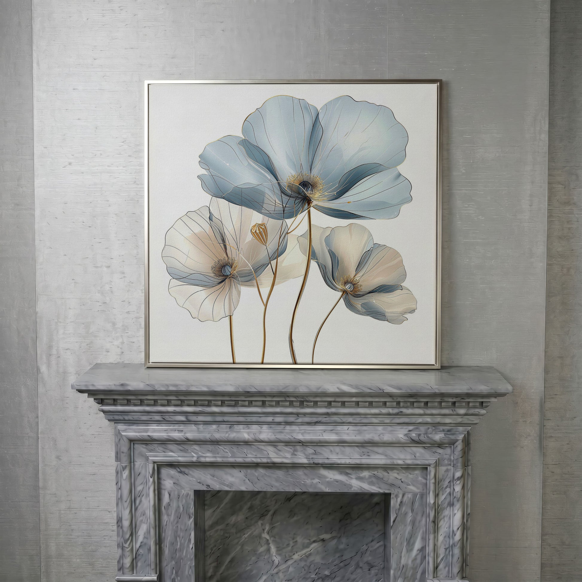 Translucent Floral Canvas Art in Blue and Beige, Square in silver floating frame