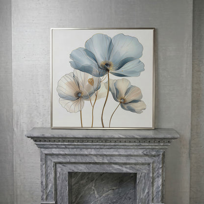 Translucent Floral Canvas Art in Blue and Beige, Square in silver floating frame