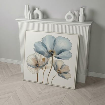 Translucent Floral Canvas Art in Blue and Beige, Square in white floating frame