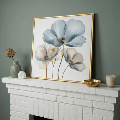 Translucent Floral Canvas Art in Blue and Beige, Square in yellow gold floating frame