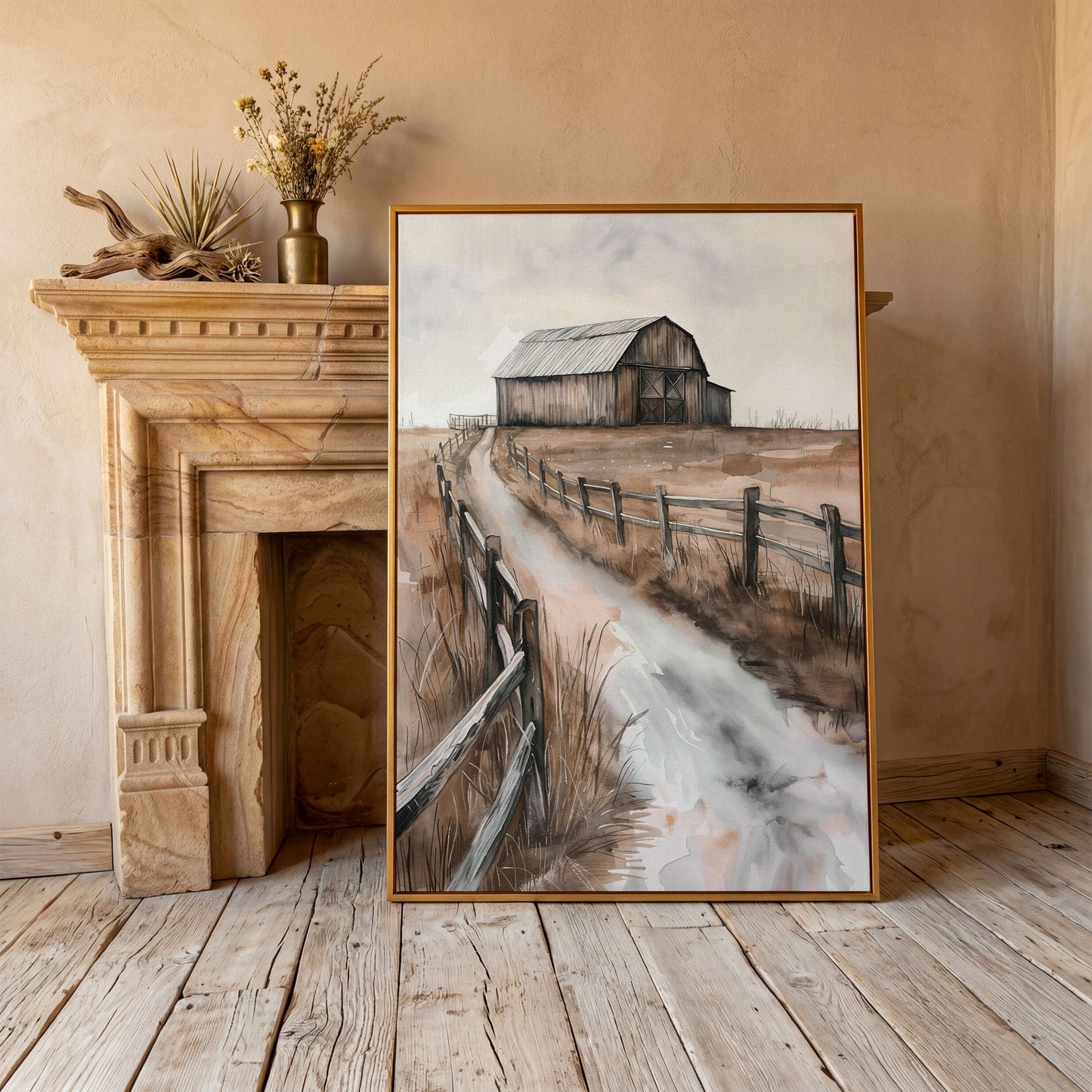 Rural Landscape with Wooden Barn Canvas Print in antique gold floating frame