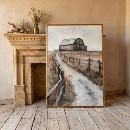Rural Landscape with Wooden Barn Canvas Print in antique gold floating frame