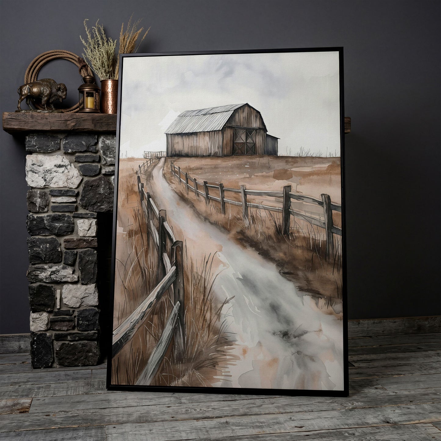 Rural Landscape with Wooden Barn Canvas Print in black floating frame