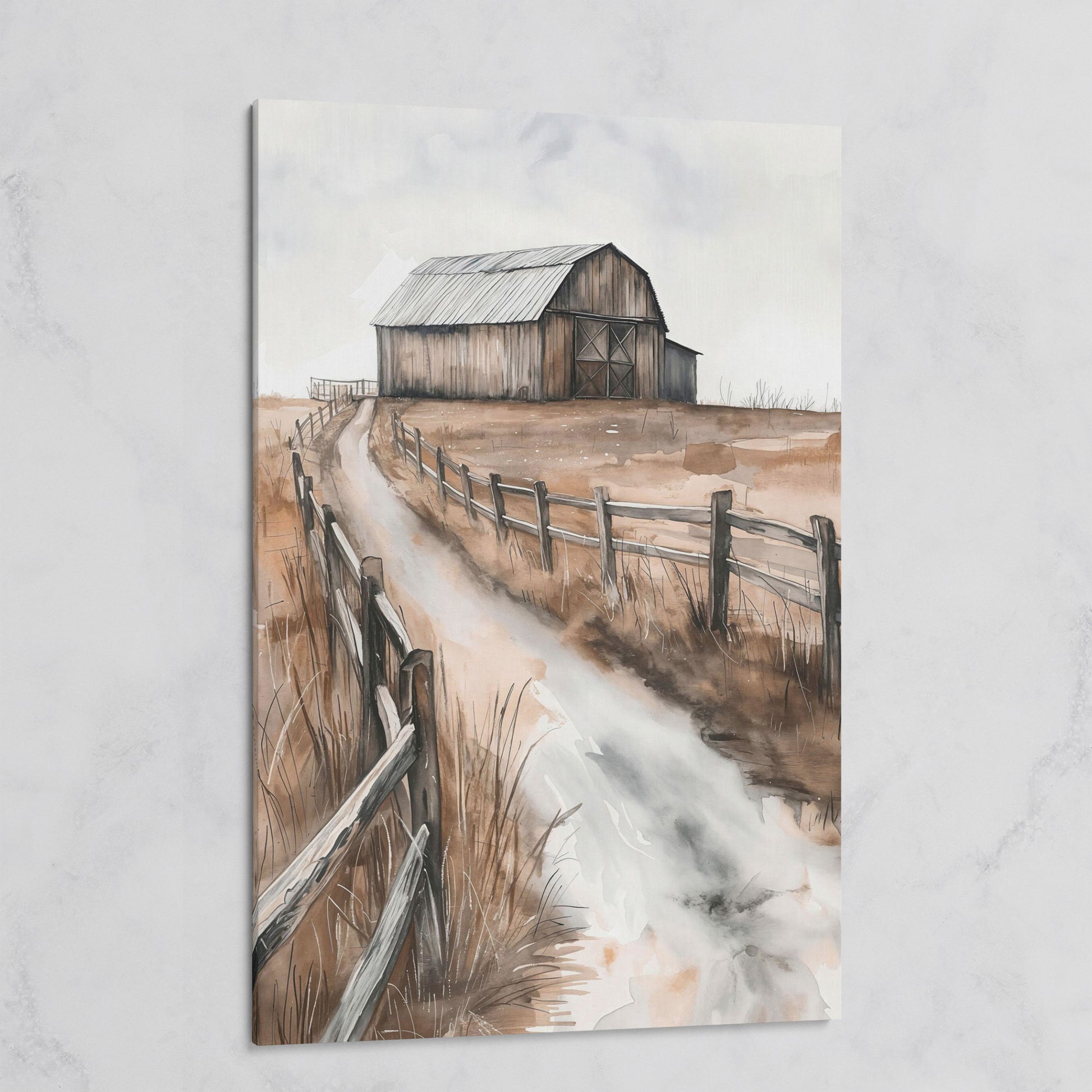 Rural Landscape with Wooden Barn Canvas Print on gallery wrap