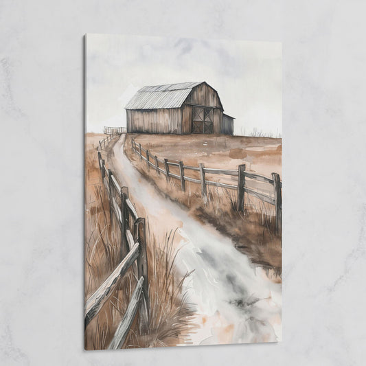 Rural Landscape with Wooden Barn Canvas Print on gallery wrap