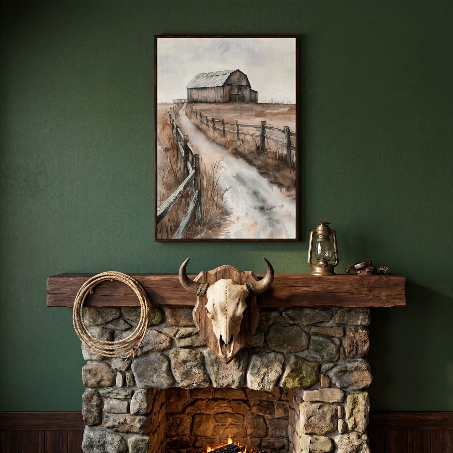 Rural Landscape with Wooden Barn Canvas Print in dark walnut floating frame