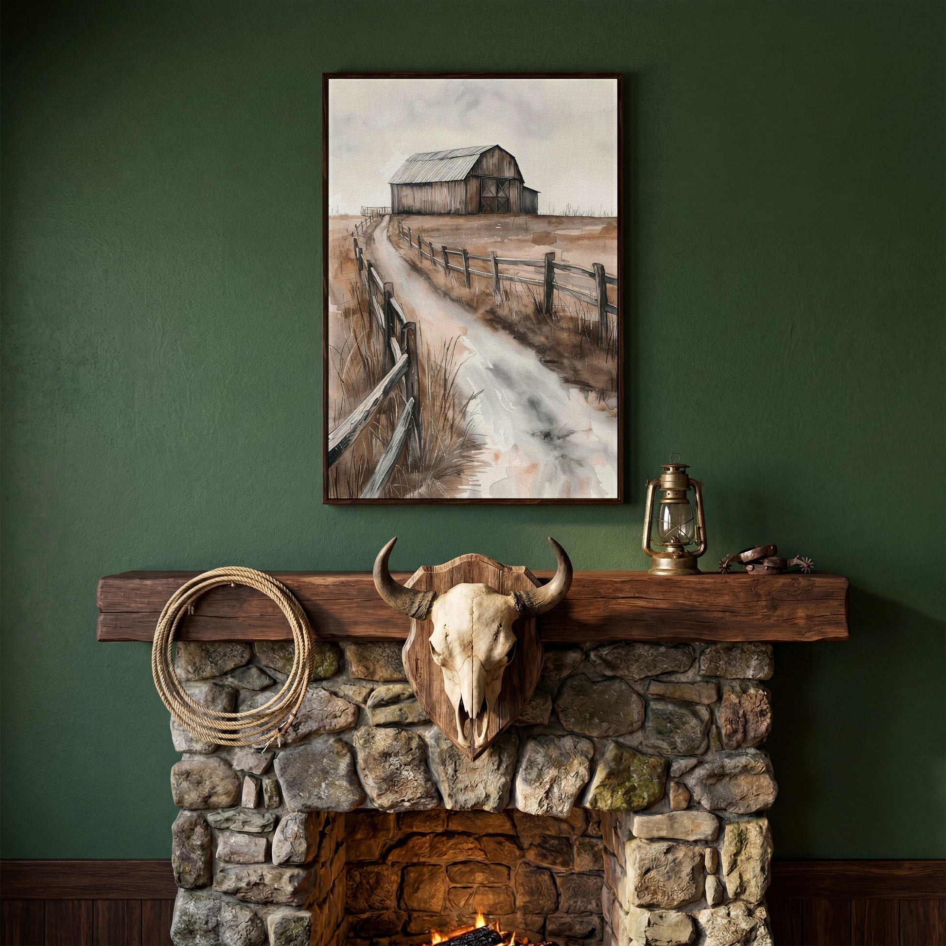 Rural Landscape with Wooden Barn Canvas Print in dark walnut floating frame
