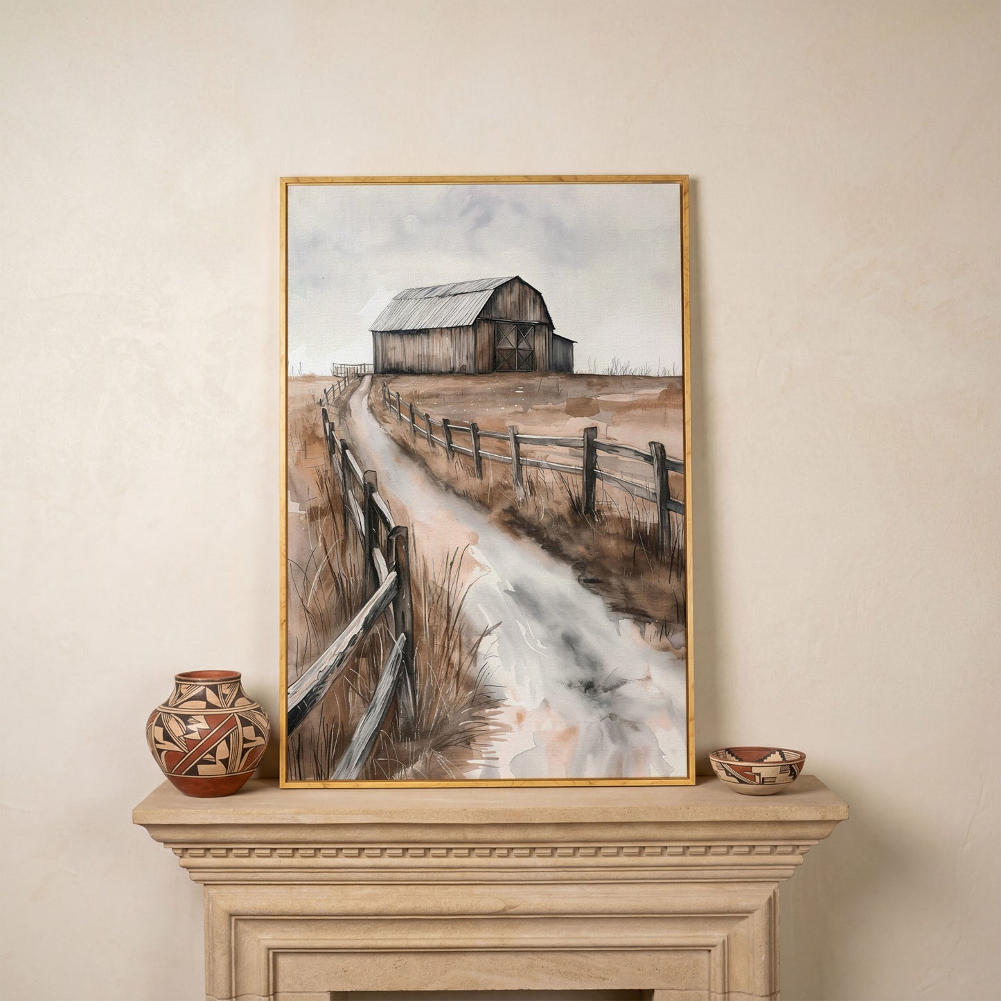 Rural Landscape with Wooden Barn Canvas Print in white oak floating frame