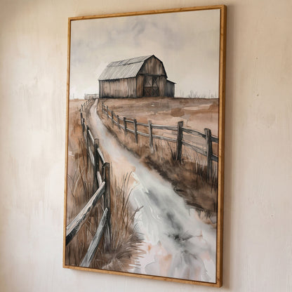 Rural Landscape with Wooden Barn Canvas Print shown in white oak floating frame