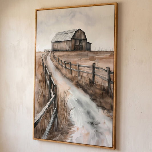 Rural Landscape with Wooden Barn Canvas Print shown in white oak floating frame