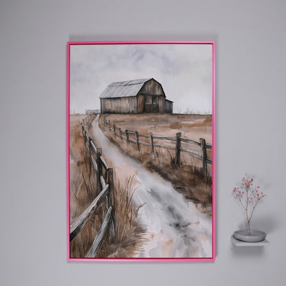 Rural Landscape with Wooden Barn Canvas Print in pink floating frame