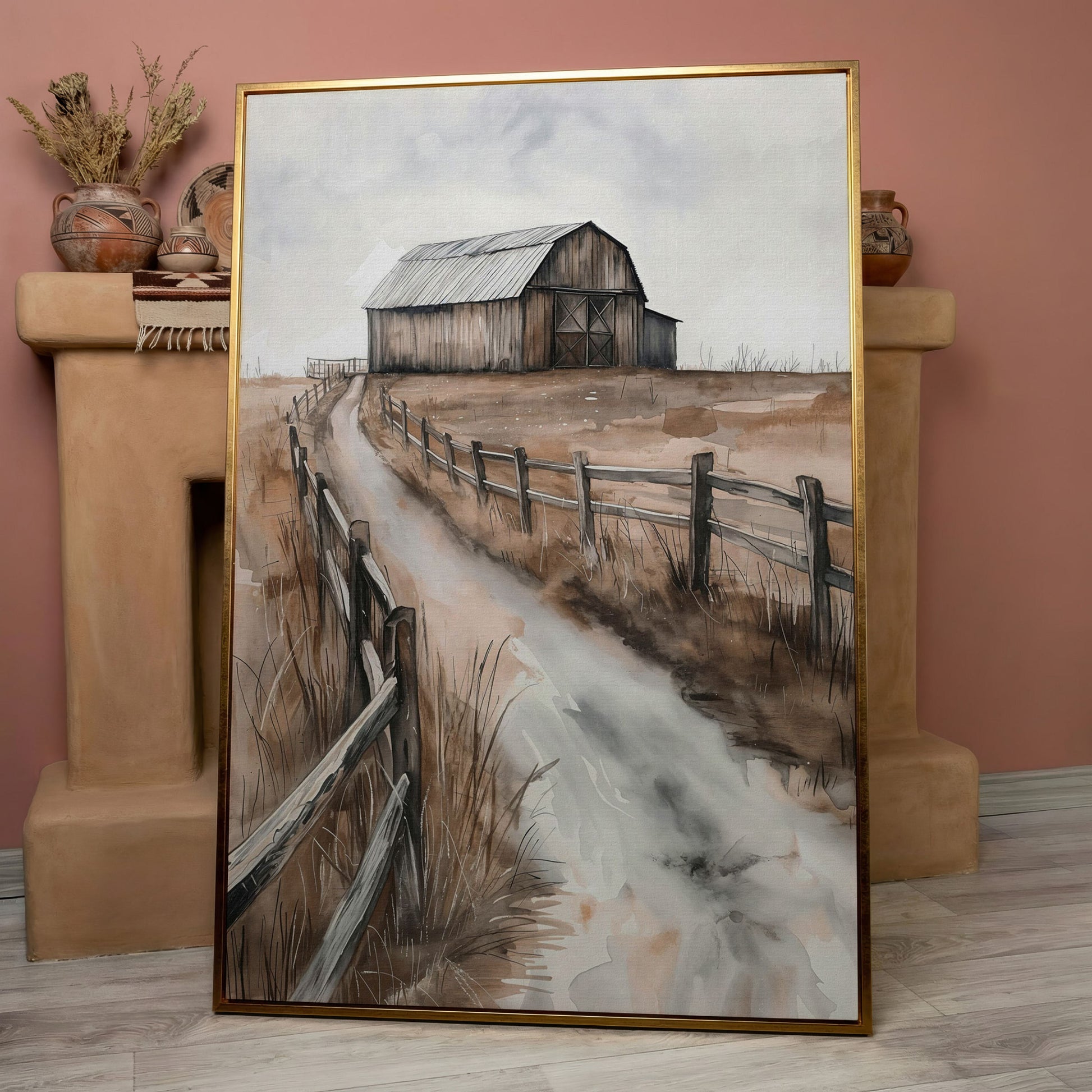 Rural Landscape with Wooden Barn Canvas Print in rose gold floating frame